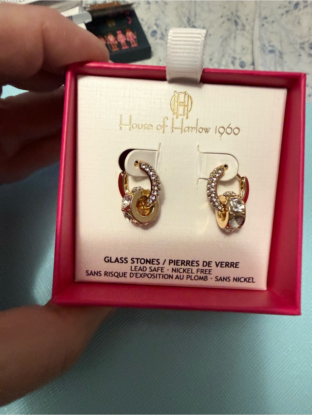 House of Harlow 1960 Gold and Clear Crystal Hoop Drop Earrings
